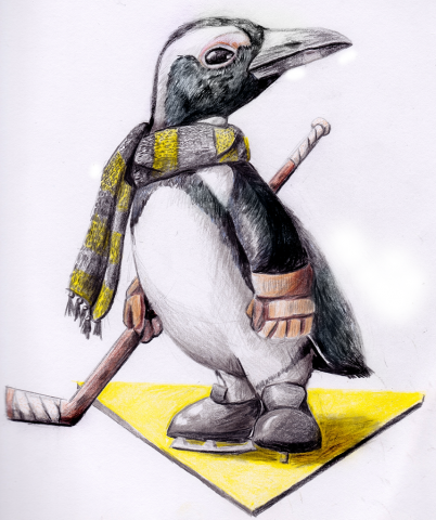 drawing of an African penguin in hockey gear.