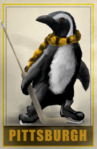 Penguin holding a hockey stick.