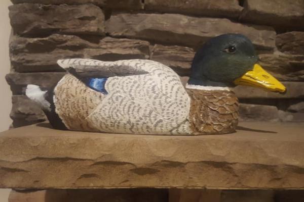 Wooden mallard duck decoy carved out of basswood. Acrylic paint. 