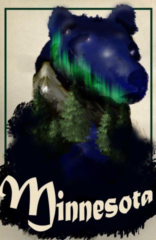 Bear shaped scene of a mountain with aurora in sky