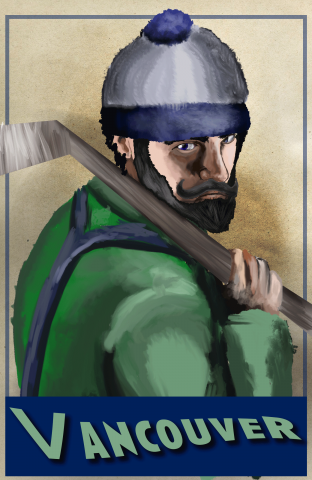 Man in green shirt and white and blue hat holding hockey stick