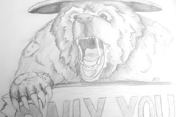 Bear wearing a hat, standing behind a sign that says "only you"