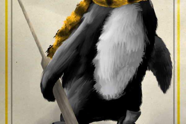 Penguin holding a hockey stick.