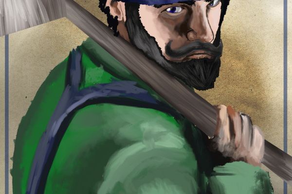 Man in green shirt and white and blue hat holding hockey stick